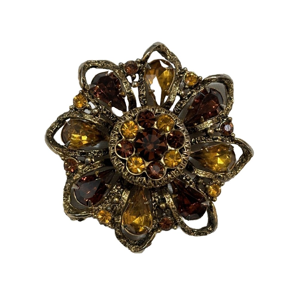 Vintage Rhinestone Brooch Pin, Large Amber Gold Floral Jewelry,